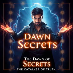 Design a cover art for "The Dawn of Secrets" capturing Akash Haq in a dynamic pose, characterized by radiant illumination flowing from his outstretched hand, exuding an aura of determination and wonder