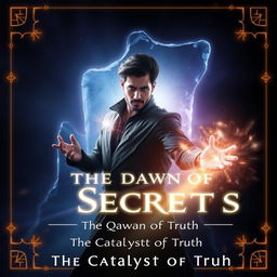 Design a cover art for "The Dawn of Secrets" capturing Akash Haq in a dynamic pose, characterized by radiant illumination flowing from his outstretched hand, exuding an aura of determination and wonder