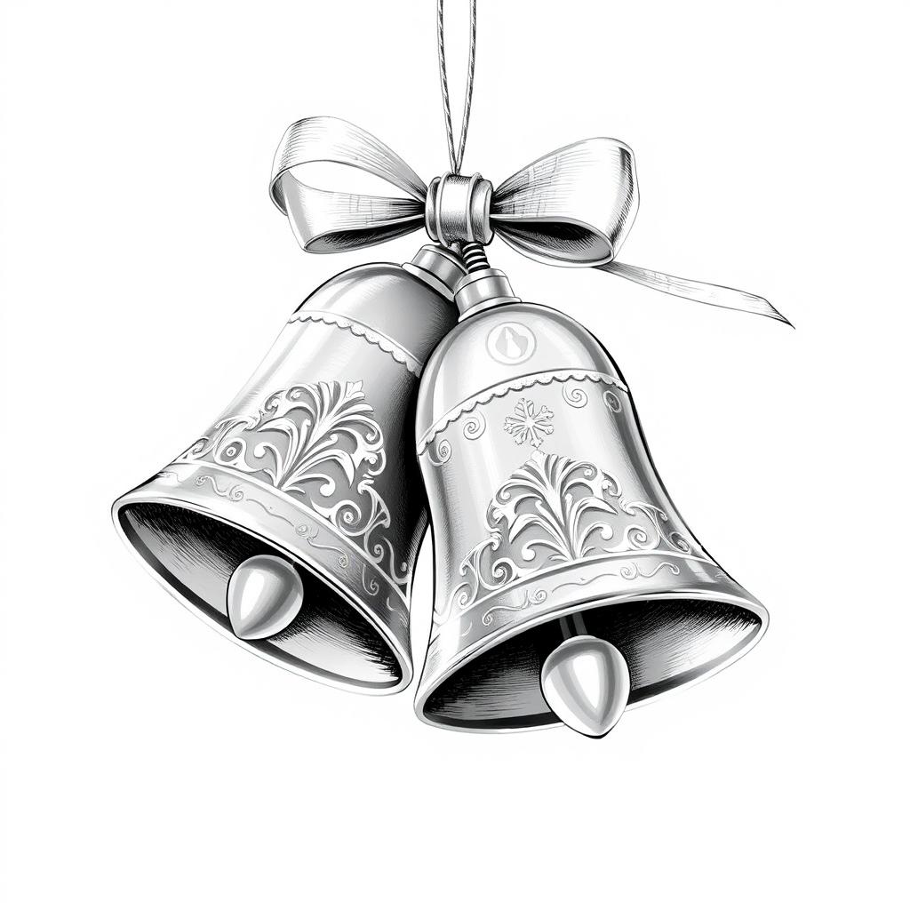 A delightful illustration of a Christmas ornament featuring two elegantly crafted silver bells