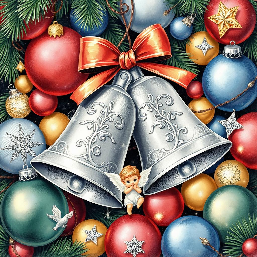 A captivating illustration of a Christmas ornament set featuring two beautifully detailed silver bells as the centerpiece