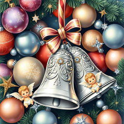 A captivating illustration of a Christmas ornament set featuring two beautifully detailed silver bells as the centerpiece