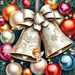 A captivating illustration of a Christmas ornament set featuring two beautifully detailed silver bells as the centerpiece