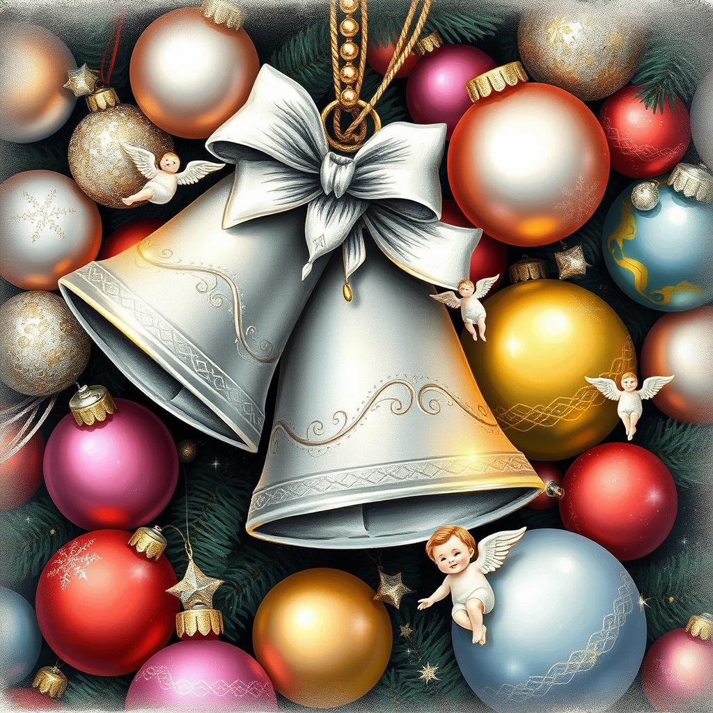 A captivating illustration of a Christmas ornament set featuring two beautifully detailed silver bells as the centerpiece