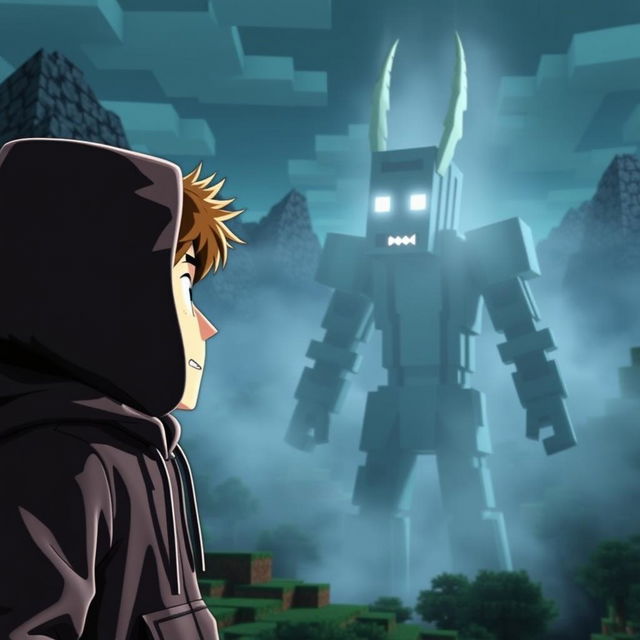 A dramatic scene in Minecraft where Rubius is facing Herobrine