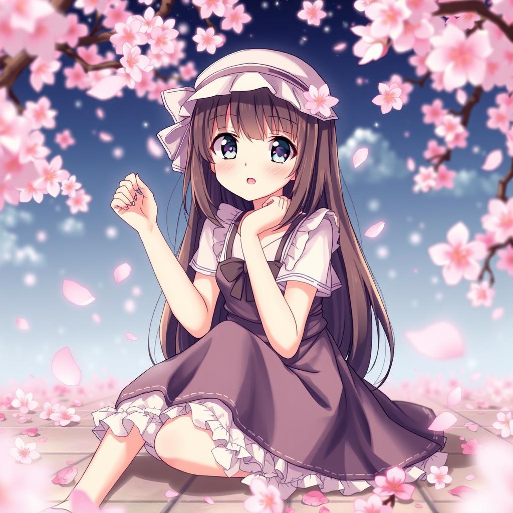 anime girl sitting down with a focus on her outfit, capturing a playful and innocent expression, wearing a cute summer dress, beautiful detailed background, cherry blossoms falling around her, emphasizing a sense of wonder and tranquility