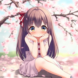 anime girl sitting down with a focus on her outfit, capturing a playful and innocent expression, wearing a cute summer dress, beautiful detailed background, cherry blossoms falling around her, emphasizing a sense of wonder and tranquility