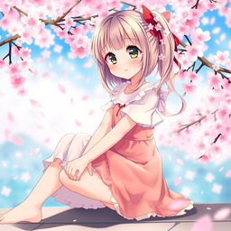 anime girl sitting down with a focus on her outfit, capturing a playful and innocent expression, wearing a cute summer dress, beautiful detailed background, cherry blossoms falling around her, emphasizing a sense of wonder and tranquility