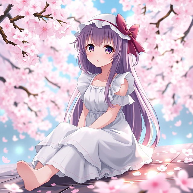 anime girl sitting down with a focus on her outfit, capturing a playful and innocent expression, wearing a cute summer dress, beautiful detailed background, cherry blossoms falling around her, emphasizing a sense of wonder and tranquility