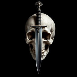 A dramatic depiction of a dagger piercing through a skull, set against a dark, ominous background