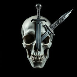 A dramatic depiction of a dagger piercing through a skull, set against a dark, ominous background