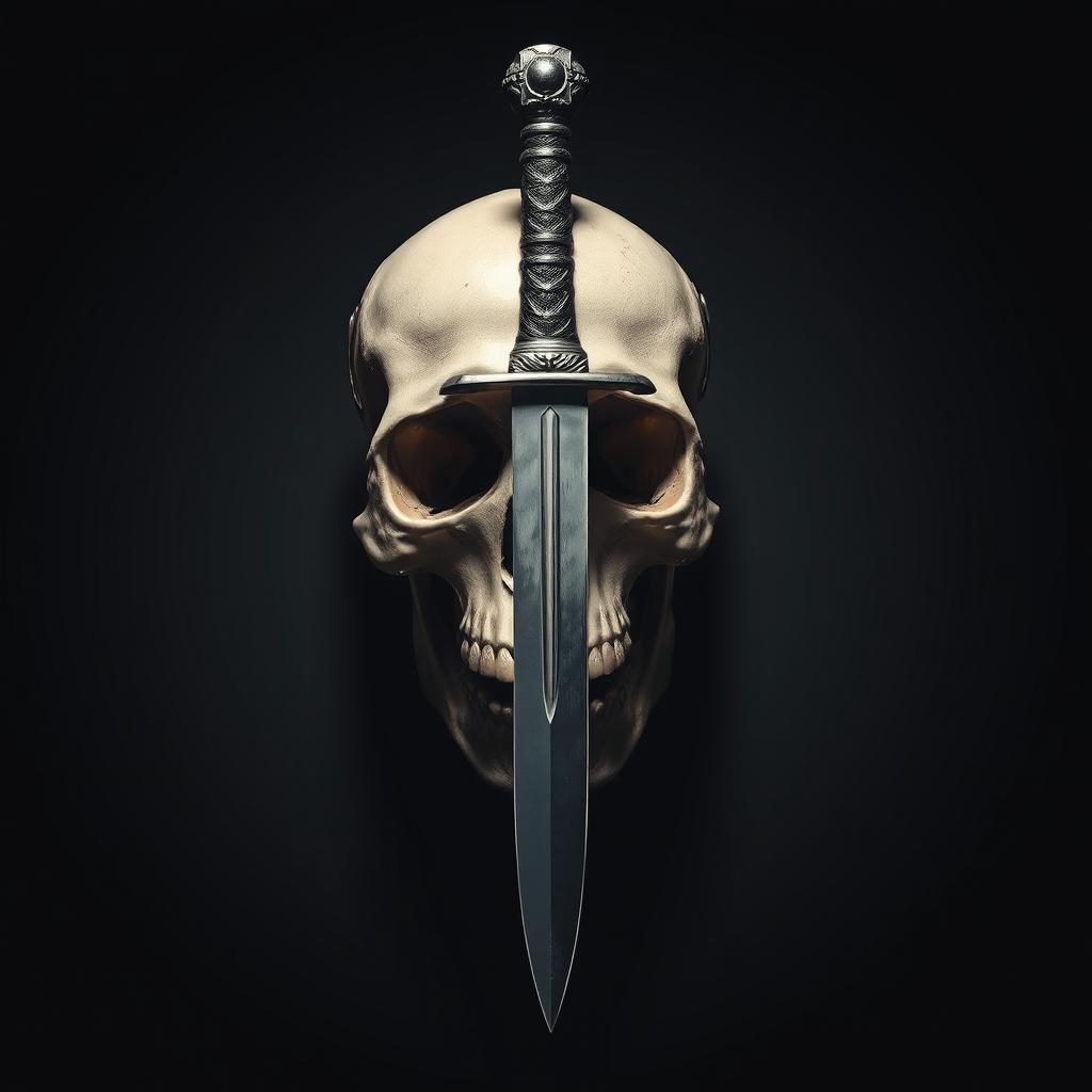 A dramatic depiction of a dagger piercing through a skull, set against a dark, ominous background