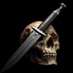 A dramatic scene portraying a dagger piercing through a skull, with fine details emphasizing the shine of the blade and the texture of the bone