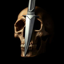 A dramatic scene portraying a dagger piercing through a skull, with fine details emphasizing the shine of the blade and the texture of the bone