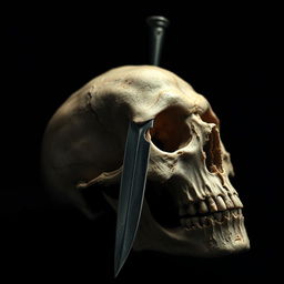 A dramatic scene portraying a dagger piercing through a skull, with fine details emphasizing the shine of the blade and the texture of the bone