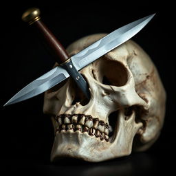 A dramatic scene portraying a dagger piercing through a skull, with fine details emphasizing the shine of the blade and the texture of the bone