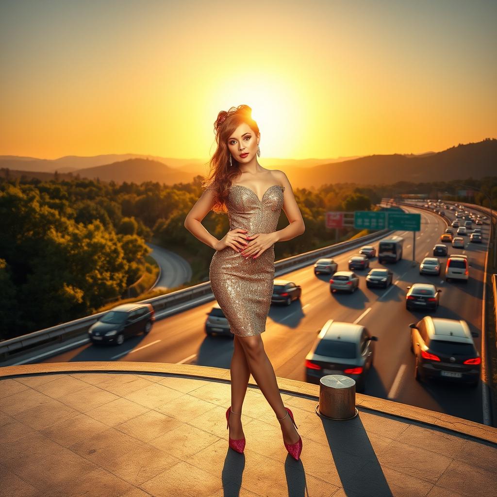 A vibrant and lively scene depicting a confident crossdresser standing stylishly at an autoroute lookout area