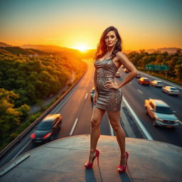 A vibrant and lively scene depicting a confident crossdresser standing stylishly at an autoroute lookout area