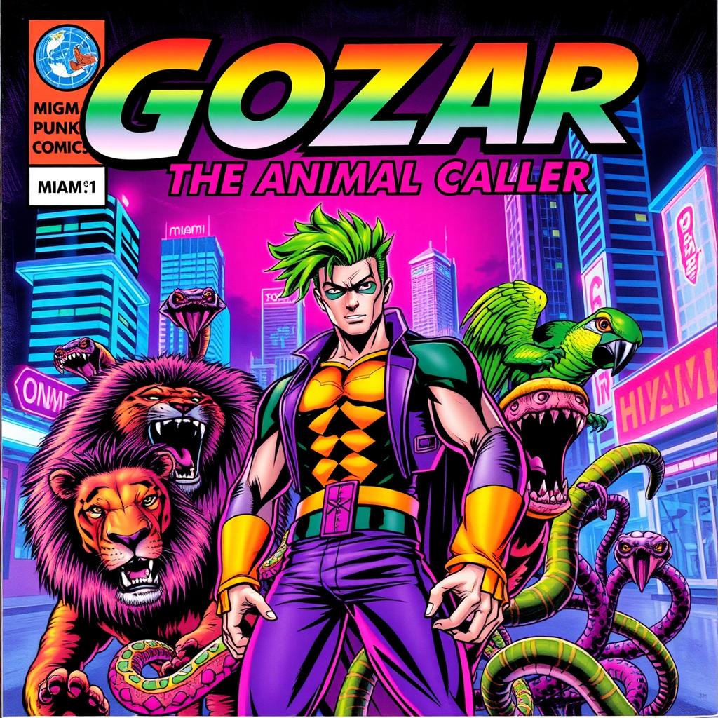 A colorful retro comic book cover featuring a male superhero with vibrant green hair, set against a goth punk rock background of Miami's futuristic night scene