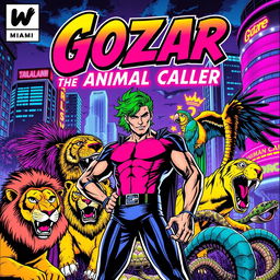 A colorful retro comic book cover featuring a male superhero with vibrant green hair, set against a goth punk rock background of Miami's futuristic night scene