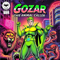 A colorful retro comic book cover featuring a male superhero with vibrant green hair, set against a goth punk rock background of Miami's futuristic night scene