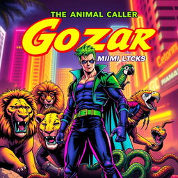 A colorful retro comic book cover featuring a male superhero with vibrant green hair, set against a goth punk rock background of Miami's futuristic night scene