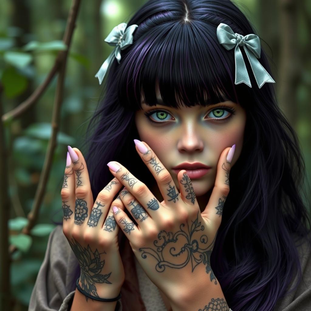 A druid girl with dark purple hair styled with bangs, featuring captivating green eyes