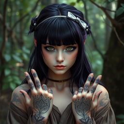 A druid girl with dark purple hair styled with bangs, featuring captivating green eyes