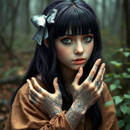 A druid girl with dark purple hair styled with bangs, featuring captivating green eyes