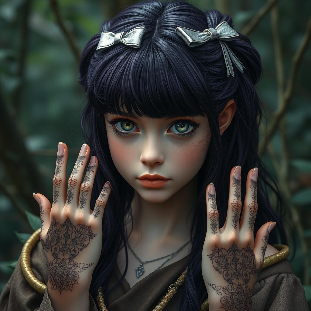 A druid girl with dark purple hair styled with bangs, featuring captivating green eyes