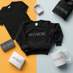 An elegant and eye-catching advertisement showcasing a collection of different products including a t-shirt, sweater, and mug