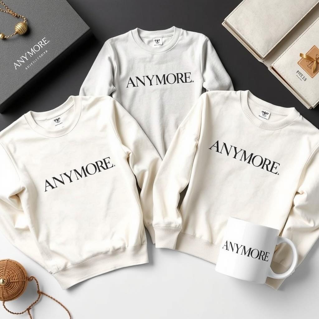 An elegant and eye-catching advertisement showcasing a collection of different products including a t-shirt, sweater, and mug