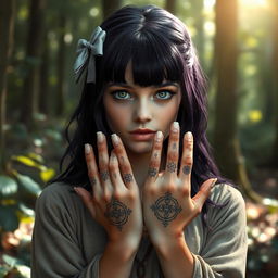 A druid girl with dark purple hair styled with bangs, adorned with a silver bow in her hair