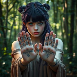 A druid girl with dark purple hair styled with bangs, adorned with a silver bow in her hair