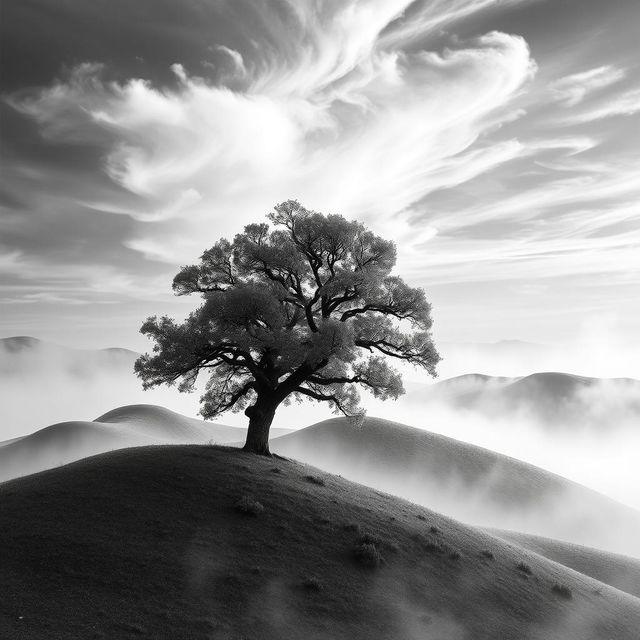 A captivating black and white art piece, featuring a serene landscape with rolling hills and a solitary oak tree