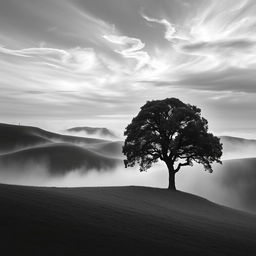 A captivating black and white art piece, featuring a serene landscape with rolling hills and a solitary oak tree