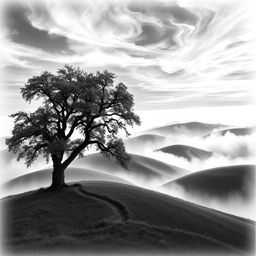 A captivating black and white art piece, featuring a serene landscape with rolling hills and a solitary oak tree