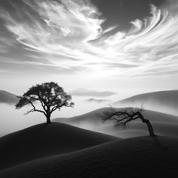 A captivating black and white art piece, featuring a serene landscape with rolling hills and a solitary oak tree