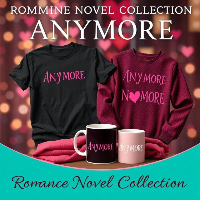 A captivating advertisement for a romance novel collection featuring various merchandise such as a t-shirt, sweater, and mug