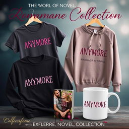 A captivating advertisement for a romance novel collection featuring various merchandise such as a t-shirt, sweater, and mug