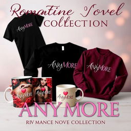 A captivating advertisement for a romance novel collection featuring various merchandise such as a t-shirt, sweater, and mug