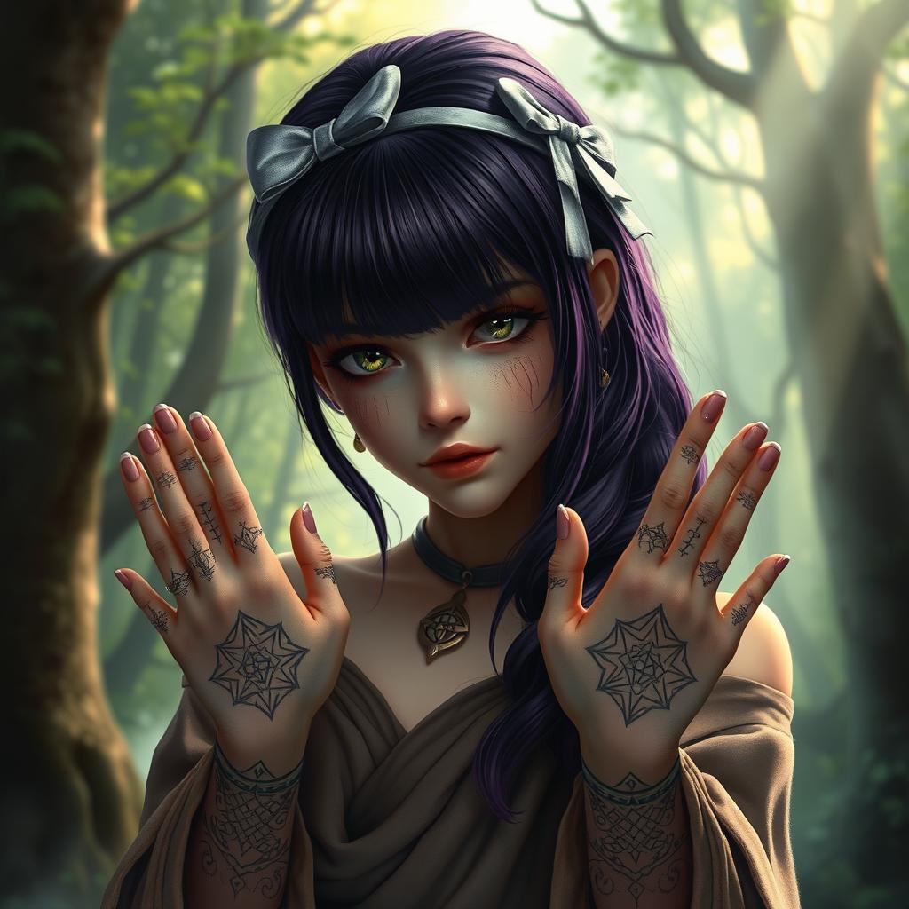 A fantasy druid girl with dark purple hair styled with bangs, adorned with a silver bow in her hair