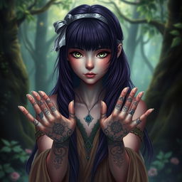 A fantasy druid girl with dark purple hair styled with bangs, adorned with a silver bow in her hair