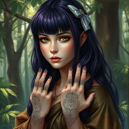 A realistic fantasy depiction of a druid girl with dark purple hair styled with bangs