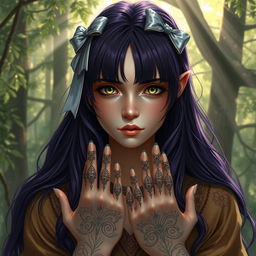 A realistic fantasy depiction of a druid girl with dark purple hair styled with bangs