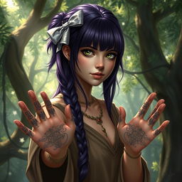 A realistic fantasy depiction of a druid girl with dark purple hair styled with bangs