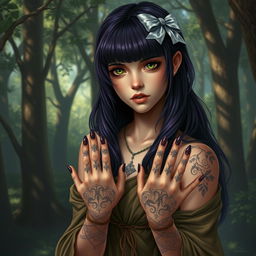 A realistic fantasy depiction of a druid girl with dark purple hair styled with bangs