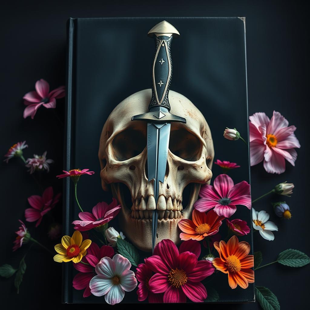 A captivating book cover design featuring a dramatic image of a dagger piercing through a skull, with vibrant flowers blooming around it