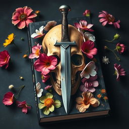 A captivating book cover design featuring a dramatic image of a dagger piercing through a skull, with vibrant flowers blooming around it