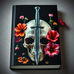 A captivating book cover design featuring a dramatic image of a dagger piercing through a skull, with vibrant flowers blooming around it