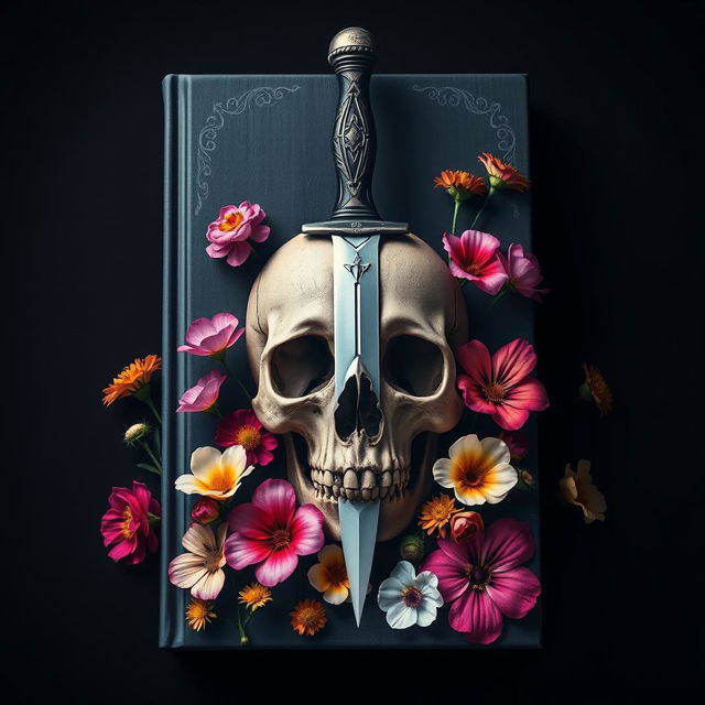 A captivating book cover design featuring a dramatic image of a dagger piercing through a skull, with vibrant flowers blooming around it